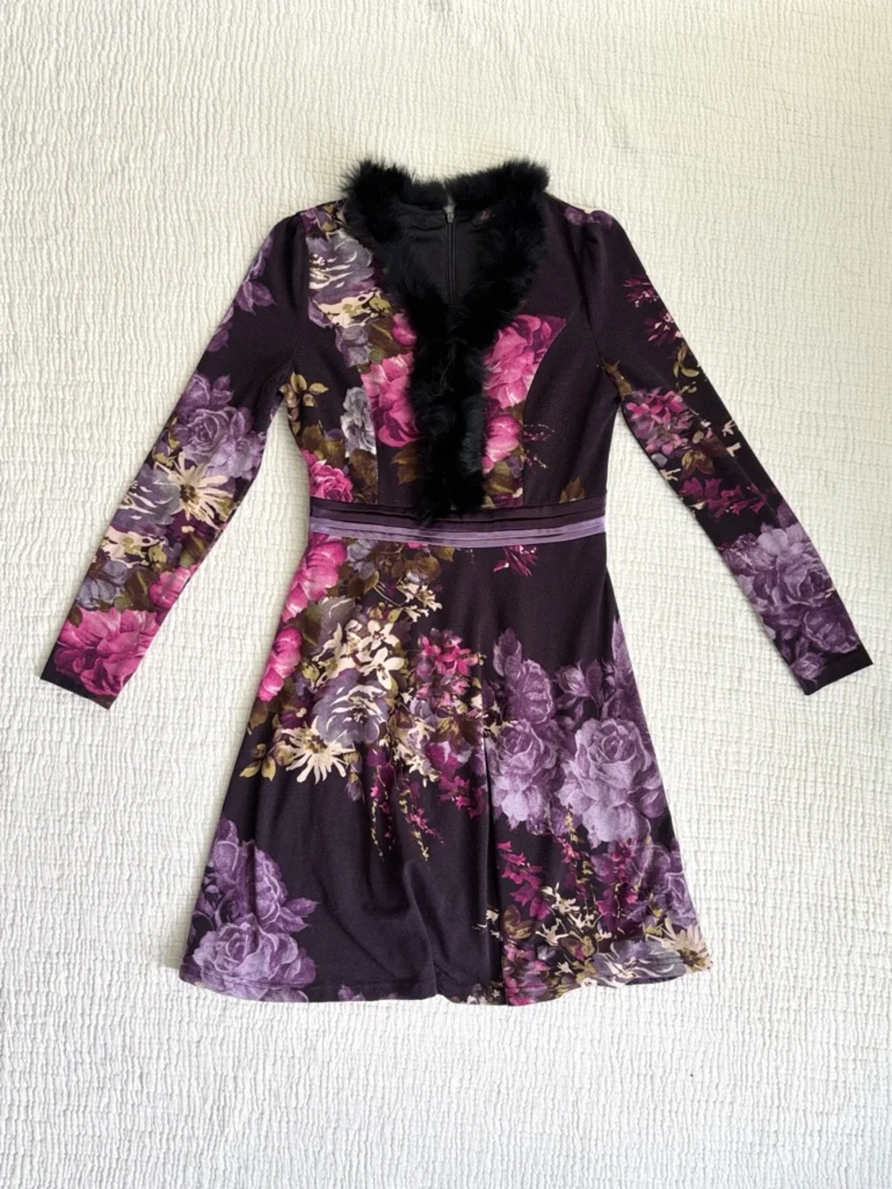 90s soft floral fur collar dress ˚˖𓍢ִ໋❀ - Picture 2 of 4